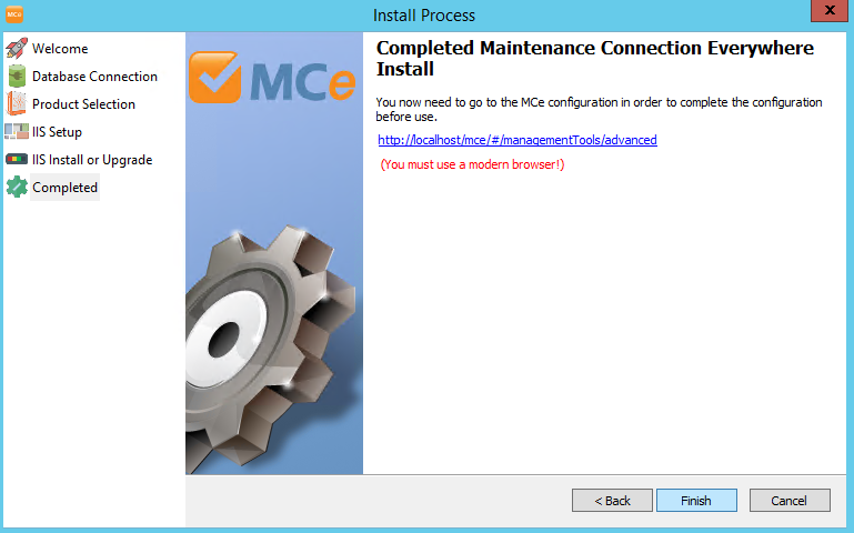 MCE Installation Wizard Completion Page